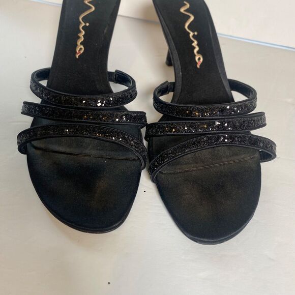Nina Black Glitter Strap Heels Sandals Size 10 M Satin Kitten Heel 2.5” Dressy - Picture 5 of 9